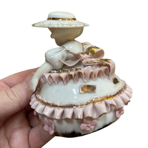 Lefton Bloomer Girls by Geo Z Figurine Gold Pink Dress 50s Victorian FLAW READ - Picture 5 of 13